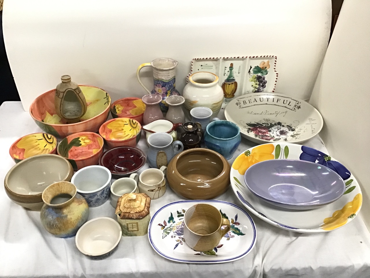 Miscellaneous ceramics - studio pottery bowls, mugs, vases & candle holder, a handpainted art deco
