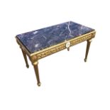 A Louis XVI style giltwood table with Rosso Levanto marble top above a foliate scrolled gilt