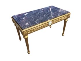 A Louis XVI style giltwood table with Rosso Levanto marble top above a foliate scrolled gilt