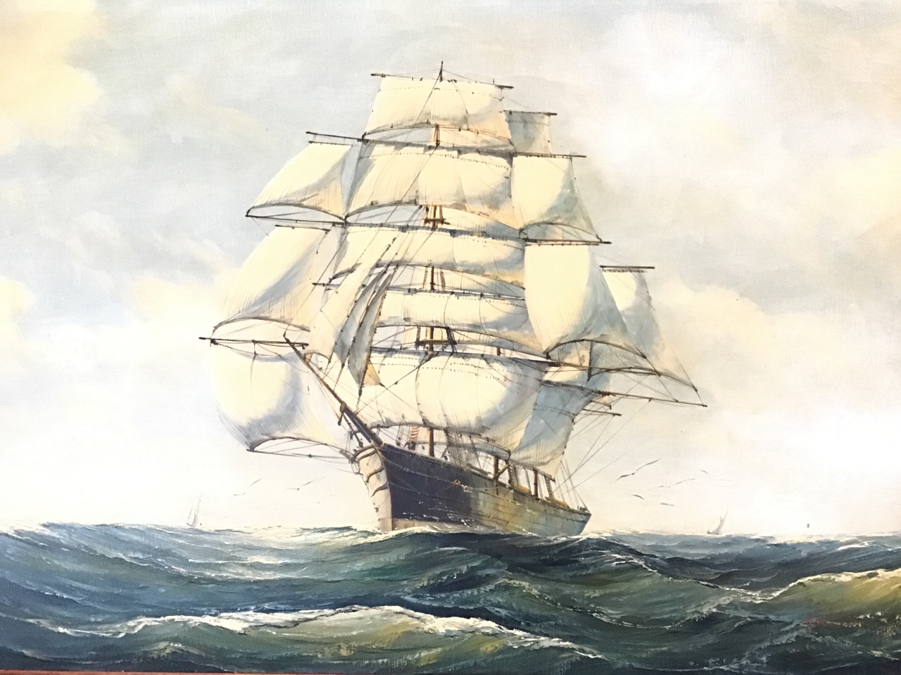 Fulton, oil on canvas, a clipper ship at sea, running before the wind with sun on her sails, - Image 3 of 3