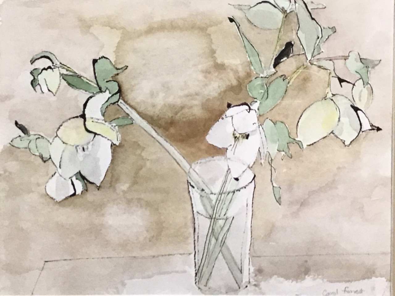 Carol Forrest, ink & watercolours studies, oak Leaves and hellebores in a vase, mounted & framed. ( - Image 2 of 3