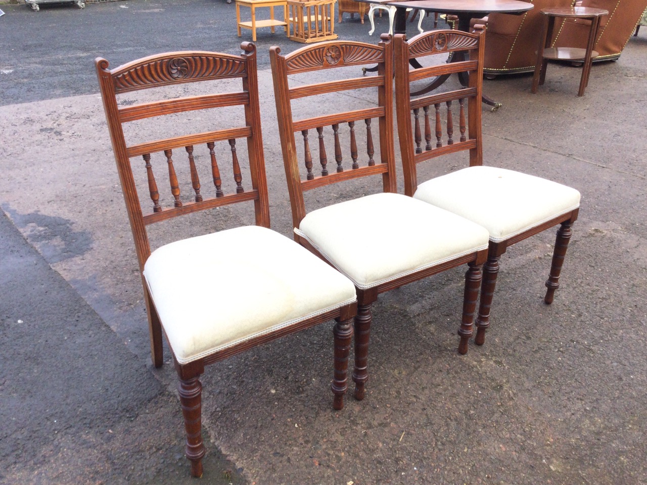 A set of three Edwardian mahogany chairs with arched gadrooned carved backs and central - Image 3 of 3