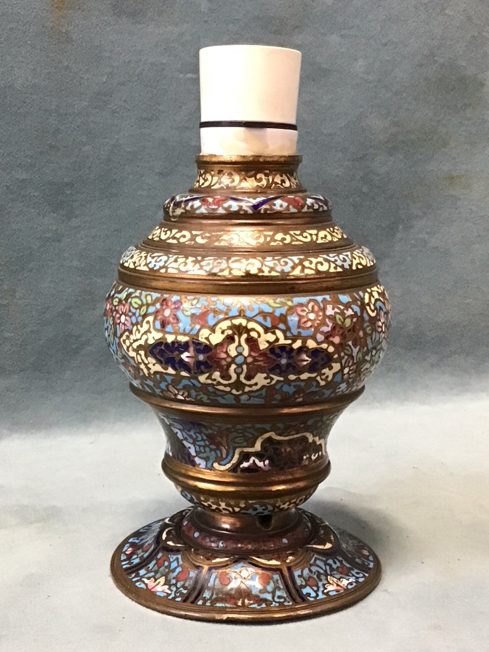 A French brass champlevé enamel baluster tablelamp base decorated allover with moorish style
