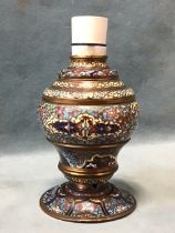 A French brass champlevé enamel baluster tablelamp base decorated allover with moorish style