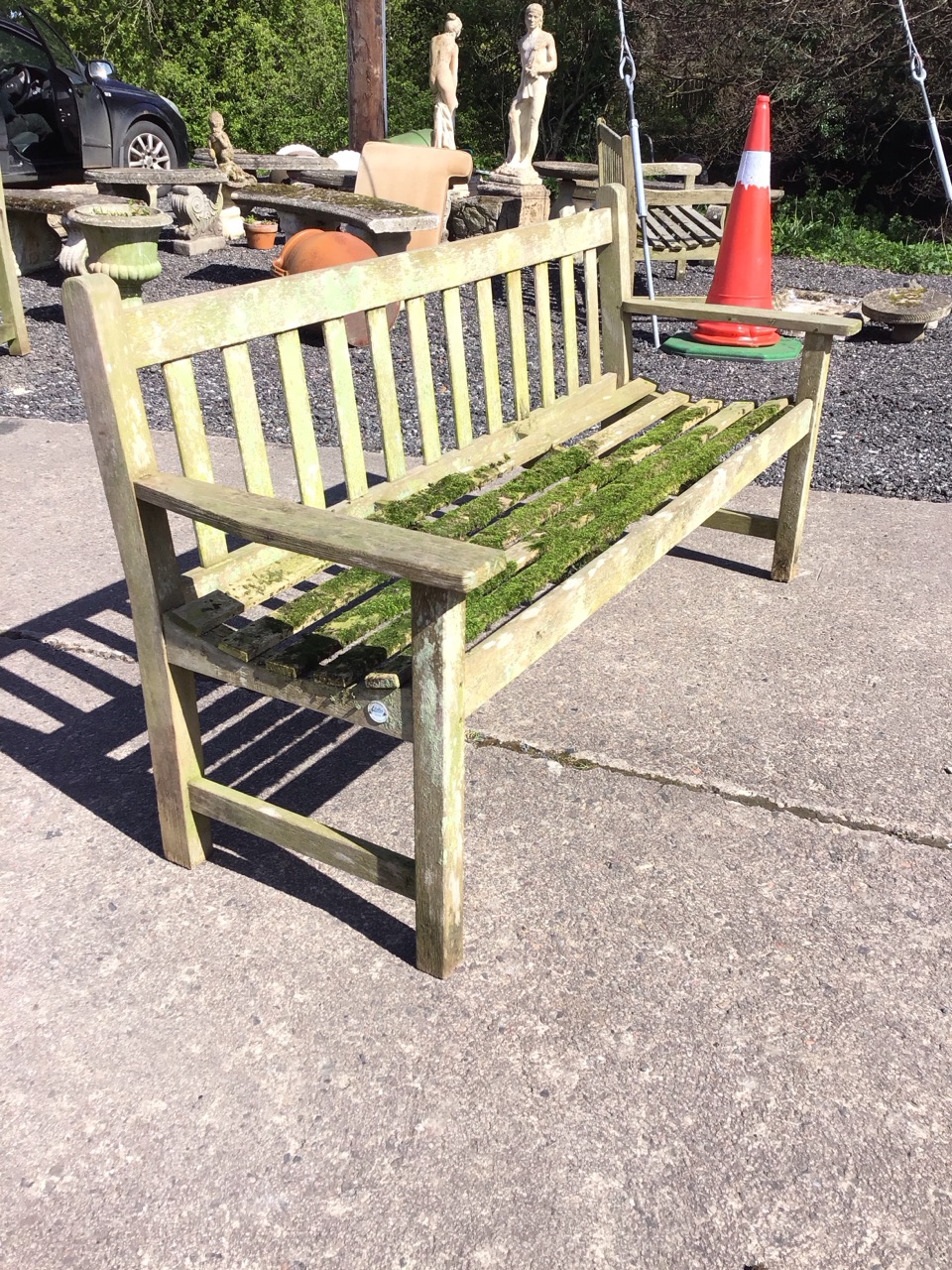 A 5ft Lister teak garden bench with slatted back and dished seat, having shaped platform arms raised - Image 3 of 3