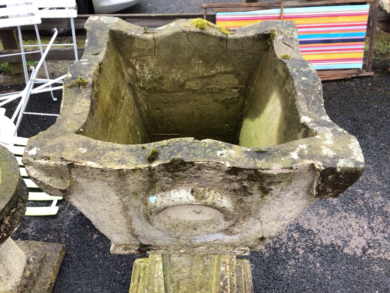 A large composition stone garden urn on square stepped moulded column, the tapering tub with waved - Image 3 of 3
