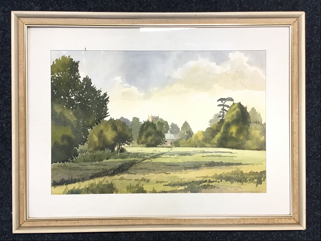Peter Clarke, watercolour, a landscape with path leading to a church amid trees across meadows,