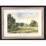 Peter Clarke, watercolour, a landscape with path leading to a church amid trees across meadows,