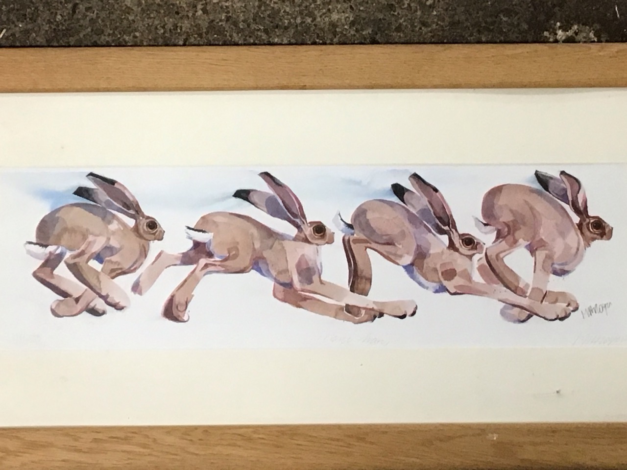 Mary Ann Rogers, coloured print, four hares in running poses, titled March Hares, signed, - Image 2 of 3