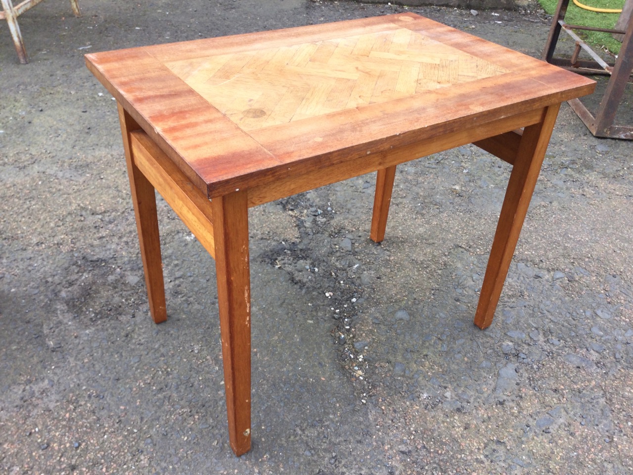 A rectangular mahogany coffee table with inlaid oak parquetry panel to top; and a square beech stool - Image 2 of 3