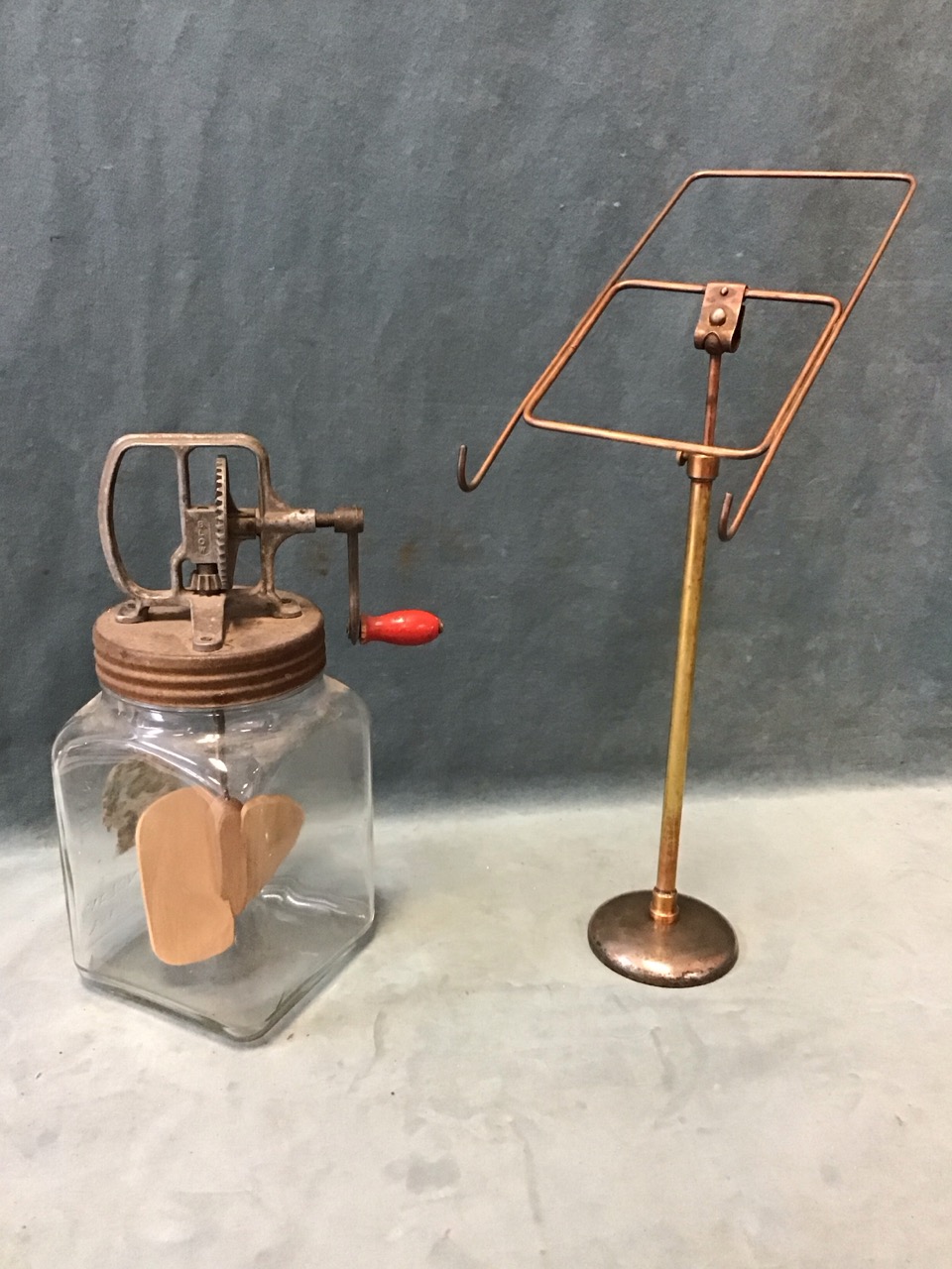 A 50s Blow glass butterchurn with wood paddles; an adjustable copper & brass shop display easel; a - Image 3 of 3