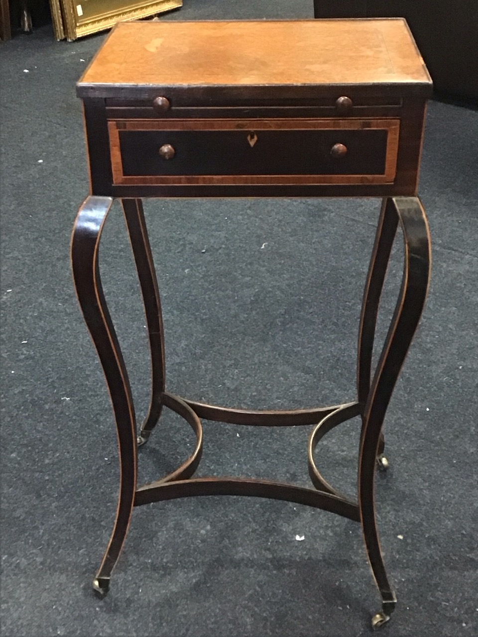 A C18th rectangular mahogany occasional table with kingwood banded partridge wood top above a - Image 2 of 3