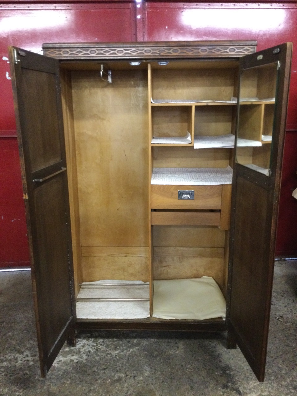 A 1930s oak compactum by Joel Galleries having fitted interior with compartments, drawer, rails & - Image 3 of 3