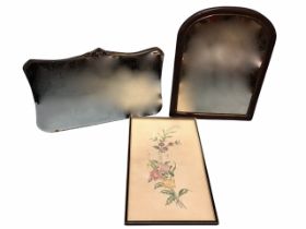 A Victorian mahogany arched dressing table mirror in moulded frame; a hogarth framed floral