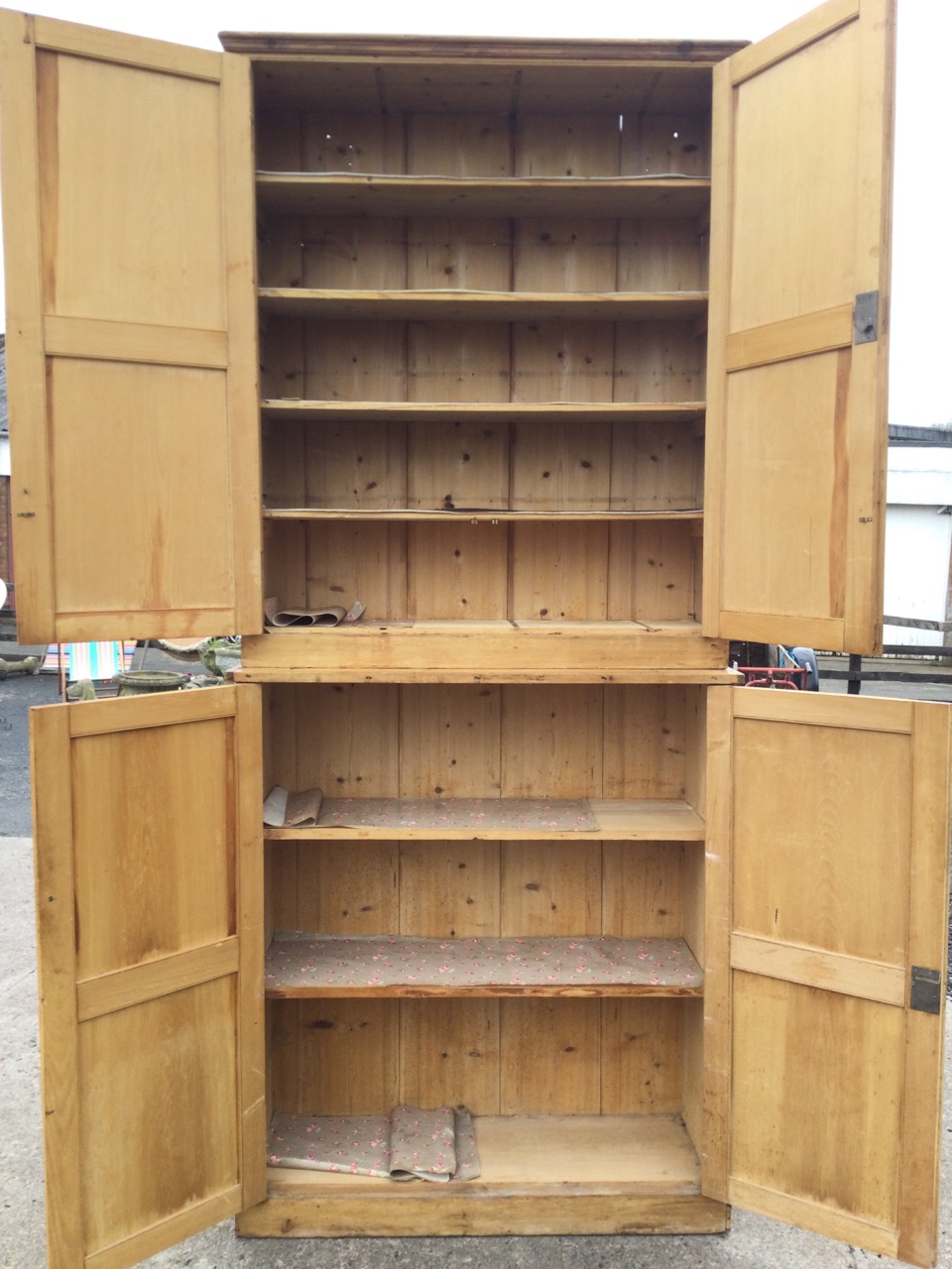 Two Victorian pine cupboards married to make a tall cabinet, each piece with four fielded panelled - Image 3 of 3