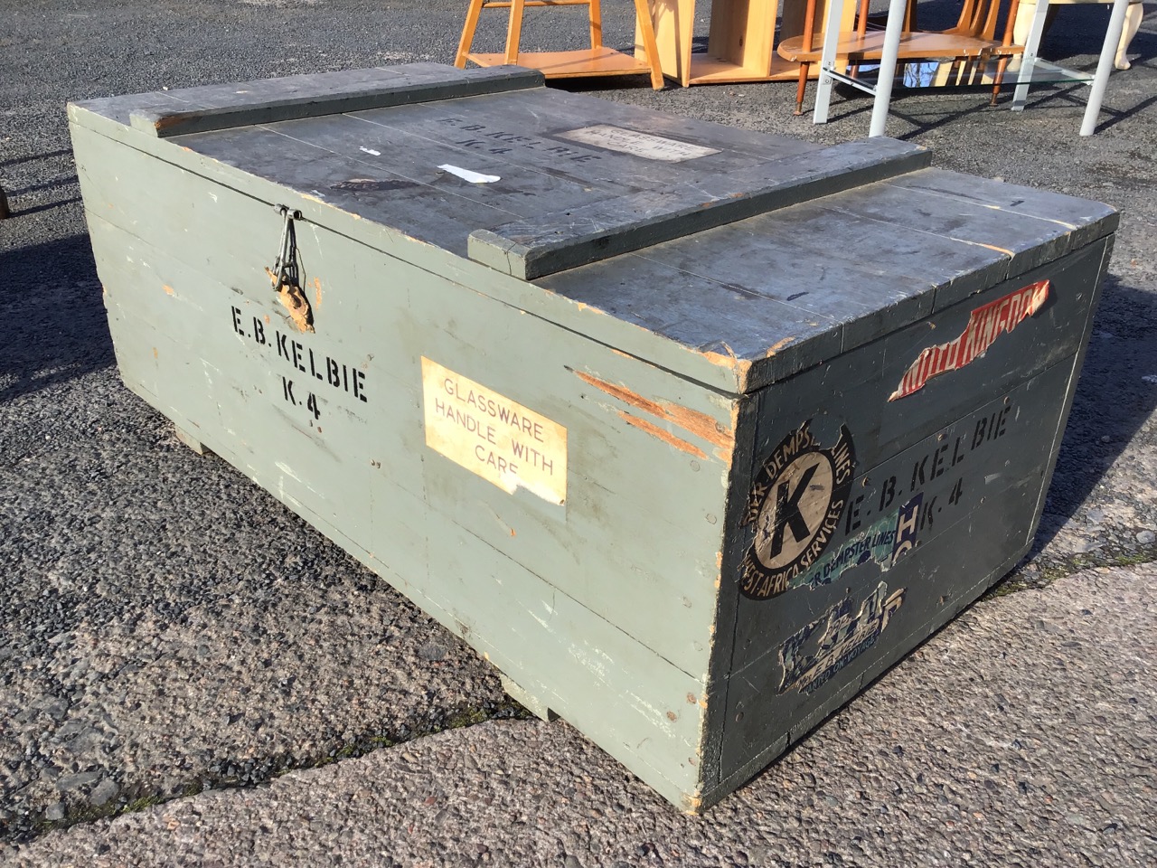 A rectangular painted hardwood trunk with battened top and metal hasp, stencilled with lettering and - Image 3 of 3