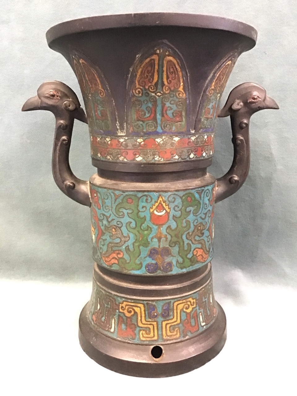 A Chinese bronze and champlevé enamel zum flared cylindrical vase, with bands of archaistic motifs - Image 2 of 3