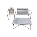 A contemporary painted garden bench & armchair with matching coffee table, having wirework mesh