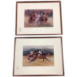 Keith Proctor, coloured prints, horse racing subjects, titled On the Line & Desert Orchid,