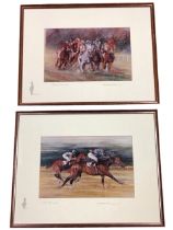 Keith Proctor, coloured prints, horse racing subjects, titled On the Line & Desert Orchid,