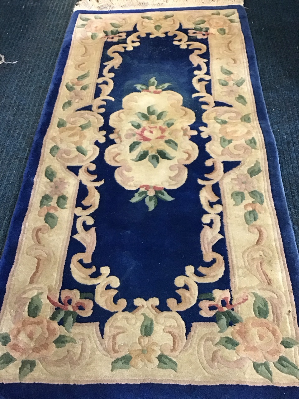 A Chinese wool aubusson style rug with floral medallion on a blue field within scrolling foliate and - Image 2 of 3