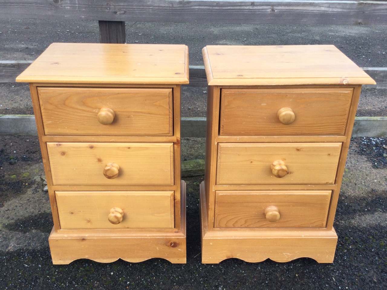 A pair of bedside chests with three moulded knobbed drawers, on shaped plinths - 18in x 16in x 26. - Image 2 of 3