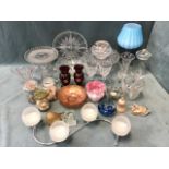 Miscellaneous glass - a pair of gilded ruby vases, tankards, tea light holders, paperweights, a