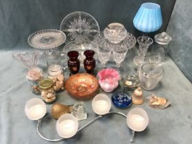 Miscellaneous glass - a pair of gilded ruby vases, tankards, tea light holders, paperweights, a
