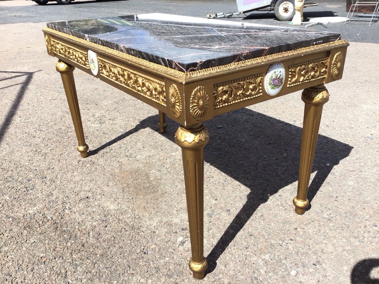 A Louis XVI style giltwood table with Rosso Levanto marble top above a foliate scrolled gilt - Image 2 of 3
