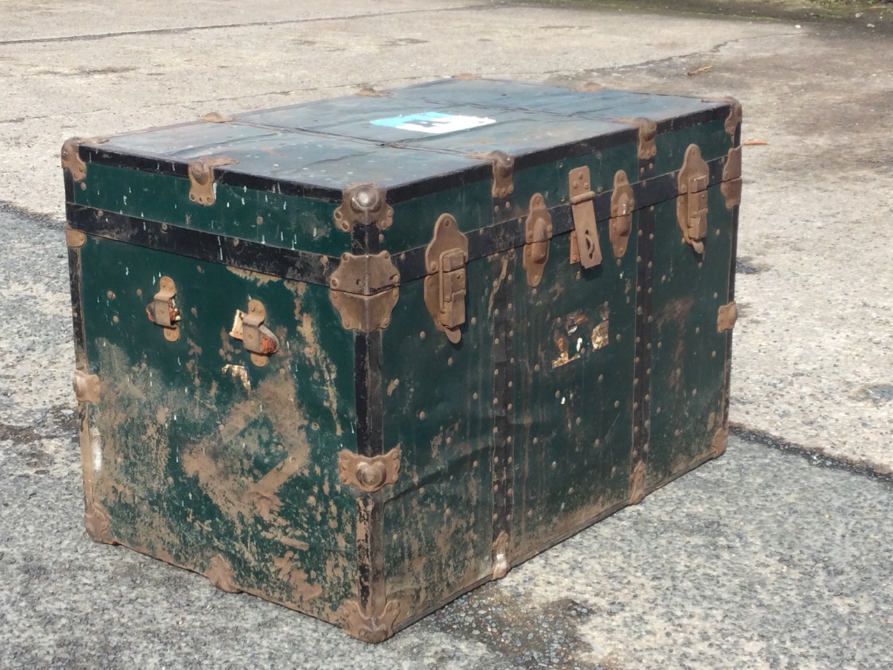 A rectangular American cabin trunk with metal covering and iron studded mounts, with Orient & - Image 3 of 3
