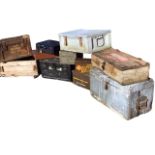 Eleven miscellaneous boxes - ammunition, American, some with leather straps, a moneybox case, one
