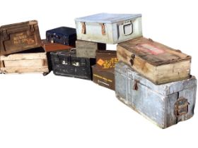 Eleven miscellaneous boxes - ammunition, American, some with leather straps, a moneybox case, one