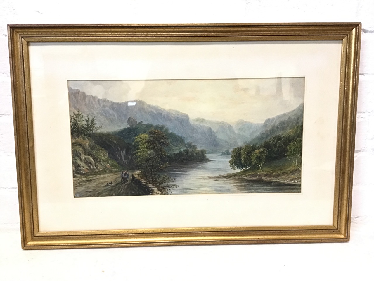 J Wallay? Victorian watercolour, river landscape with figures on road, signed indistinctly,