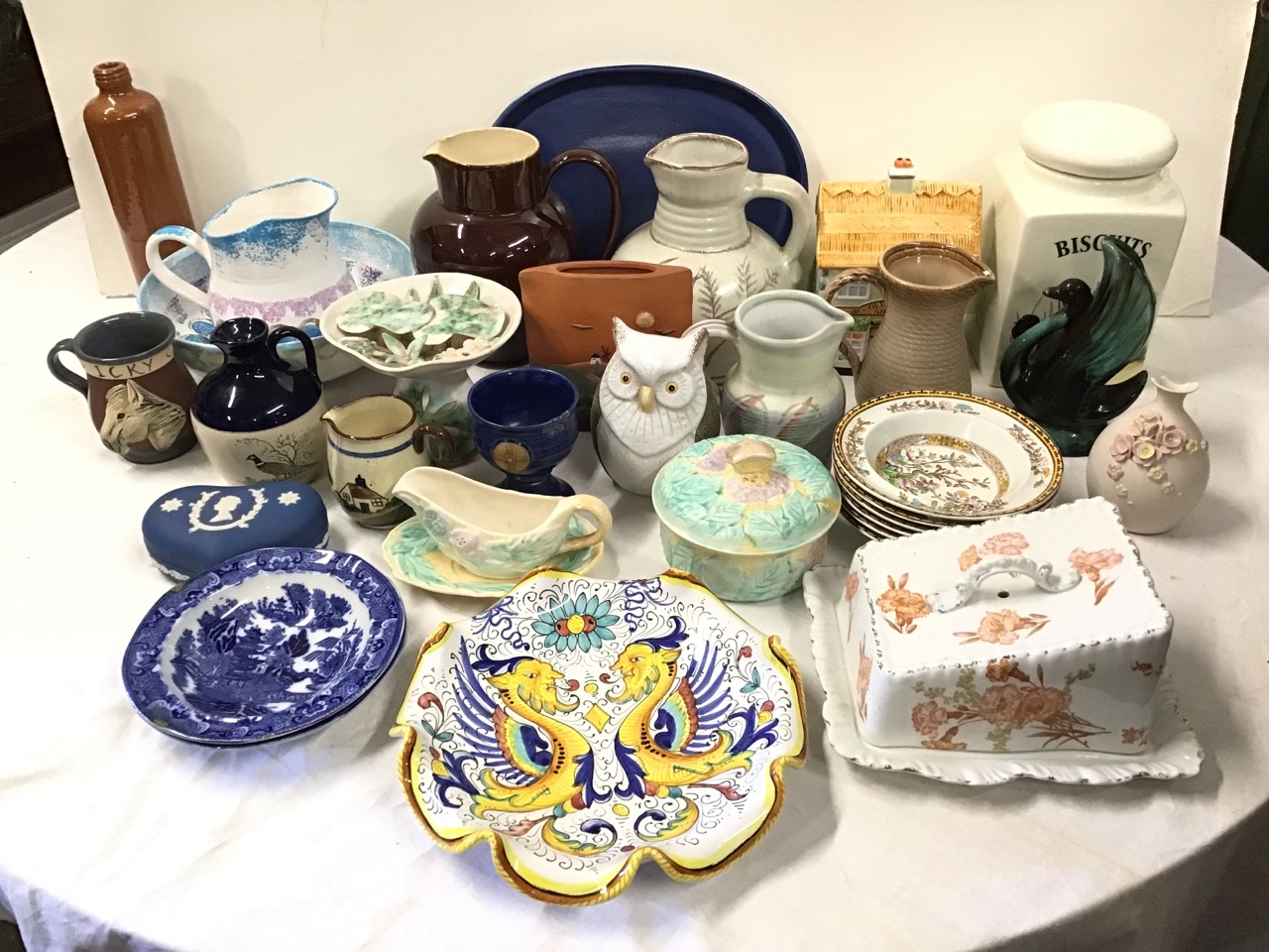Miscellaneous ceramics - a West German stoneware jug, a pair of Maling bowls, motto ware, a chalice,