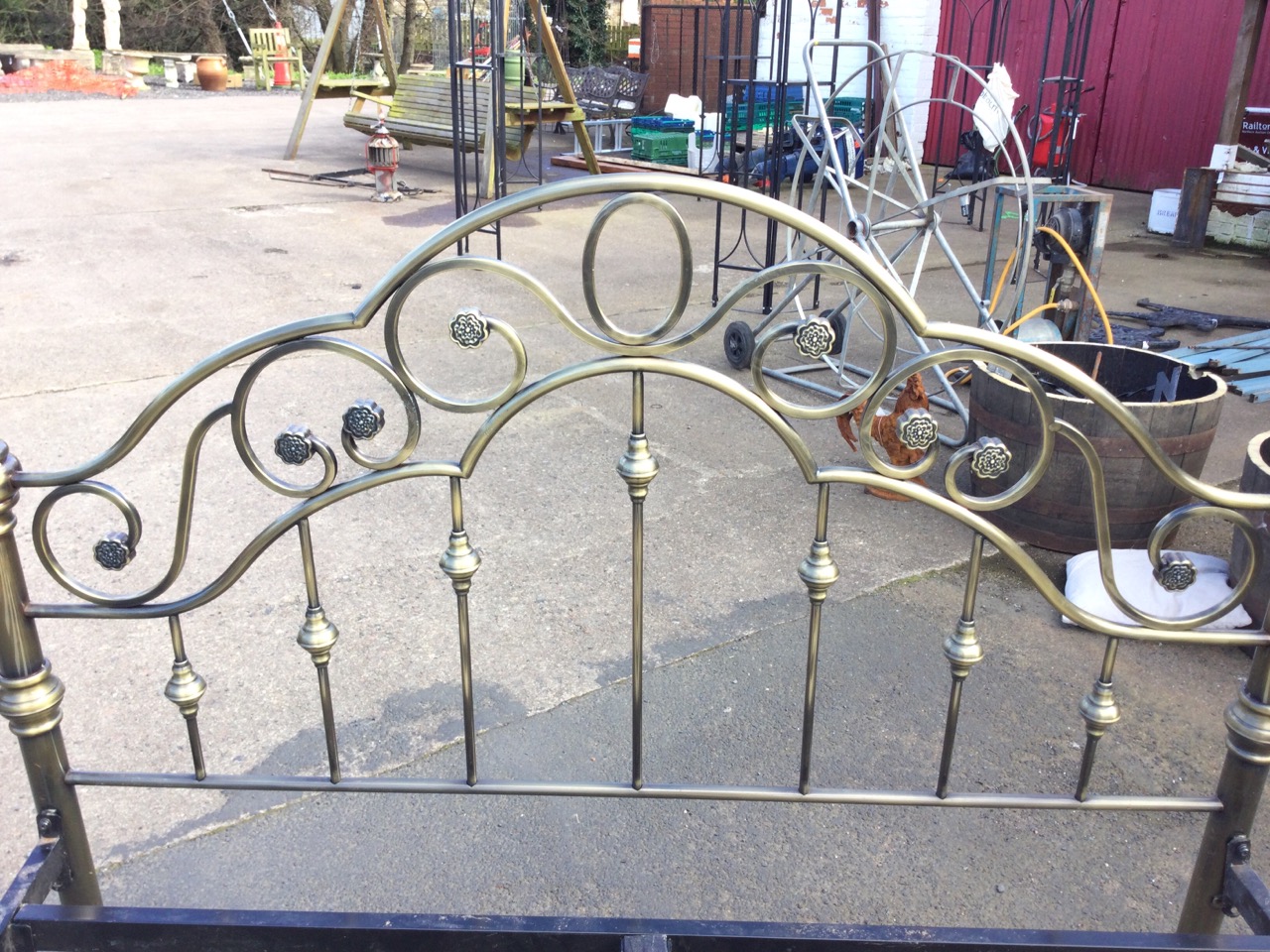 A Victorian style brushed brass double bed with arched scrolled headboard above spindles, the - Image 3 of 3