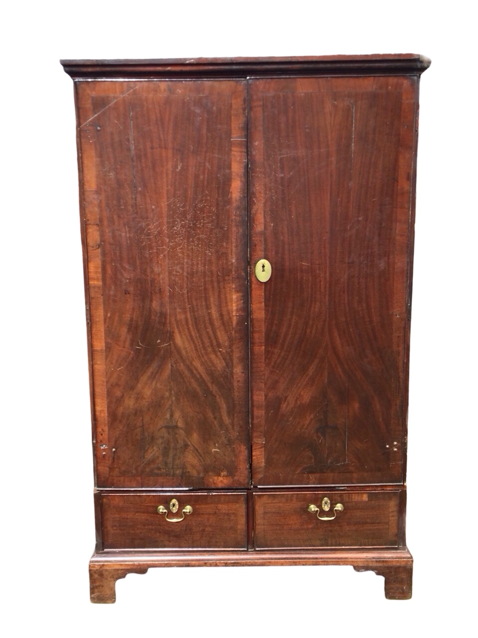 A Georgian walnut press cupboard with crossbanded doors enclosing a fitted interior with oak tray - Image 2 of 3