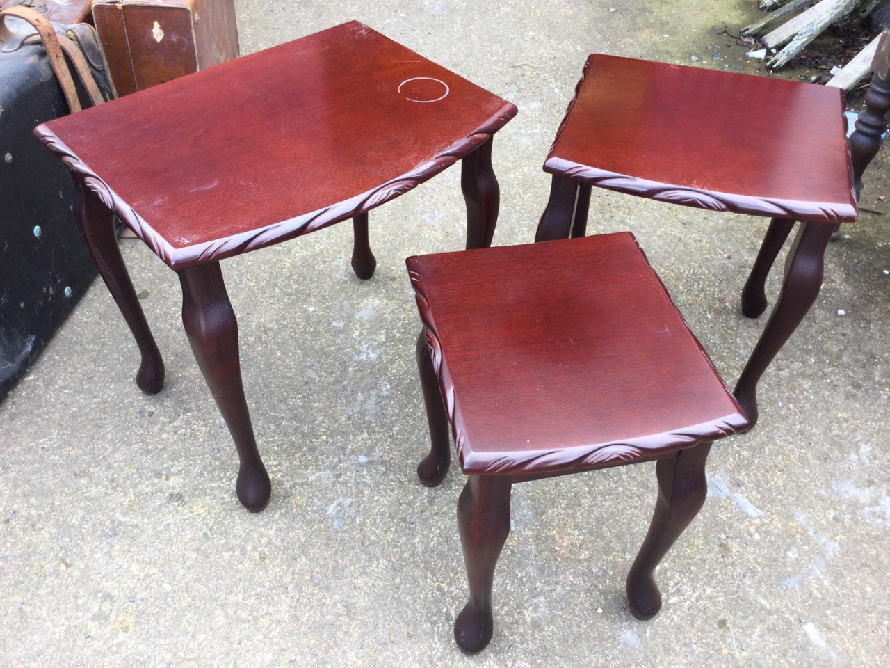 A mahogany nest of three tables with gadrooned carved tops raised on cabriole legs - 19in; and a - Image 3 of 3