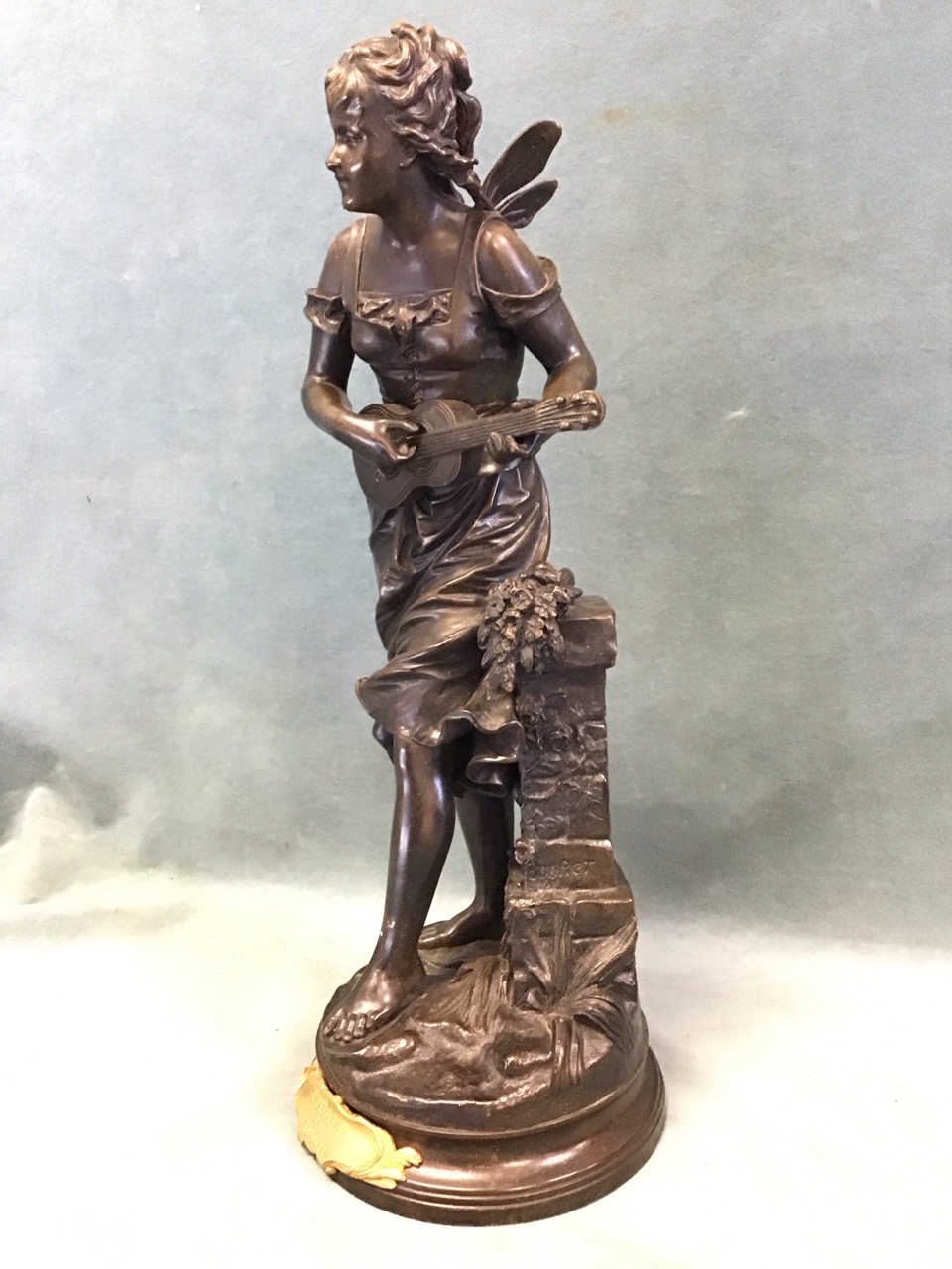 Eutrope Bouret, a C19th French patinated bronze figure of a winged fairy beside a plinth - Image 3 of 3
