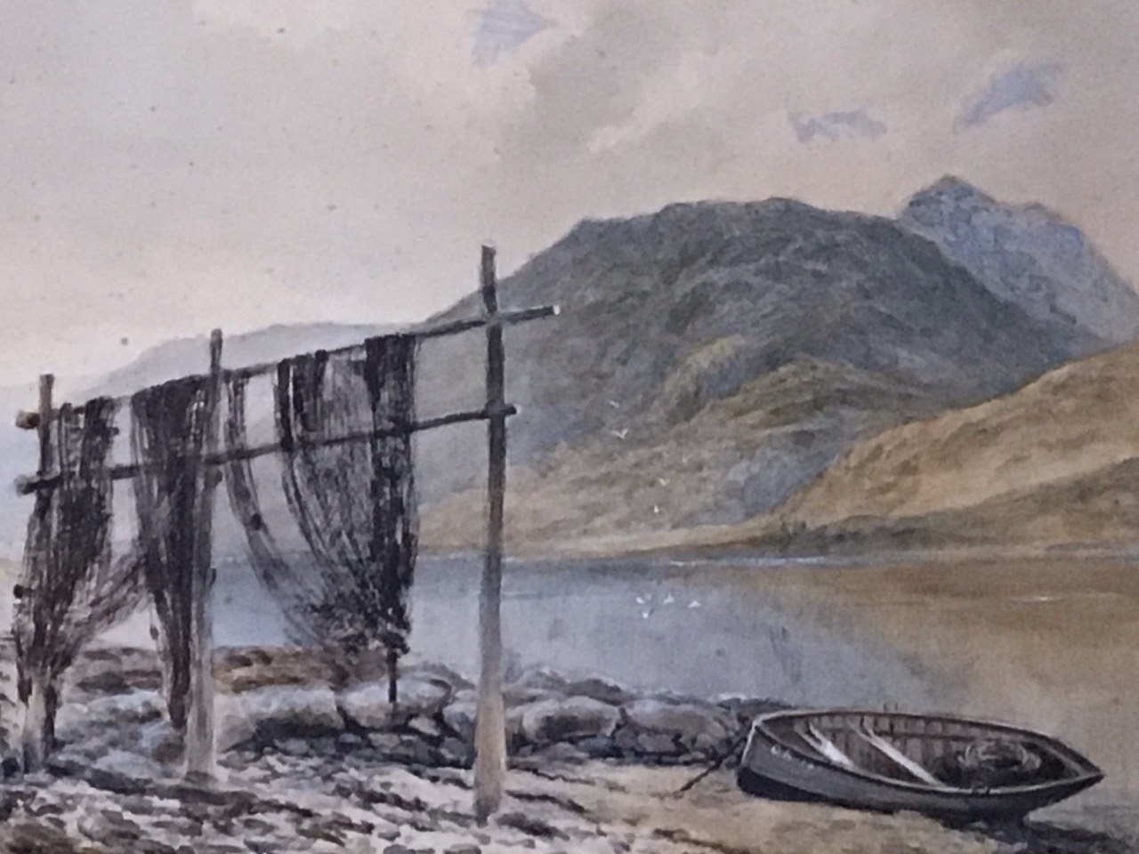 A Victorian watercolour, fishing boat and nets on the shore of a loch, unsigned, gilt mounted & - Image 2 of 3