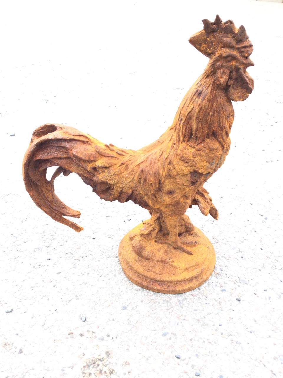 A rusty cast iron model of cockerel, raised on circular moulded base. (16.5in)