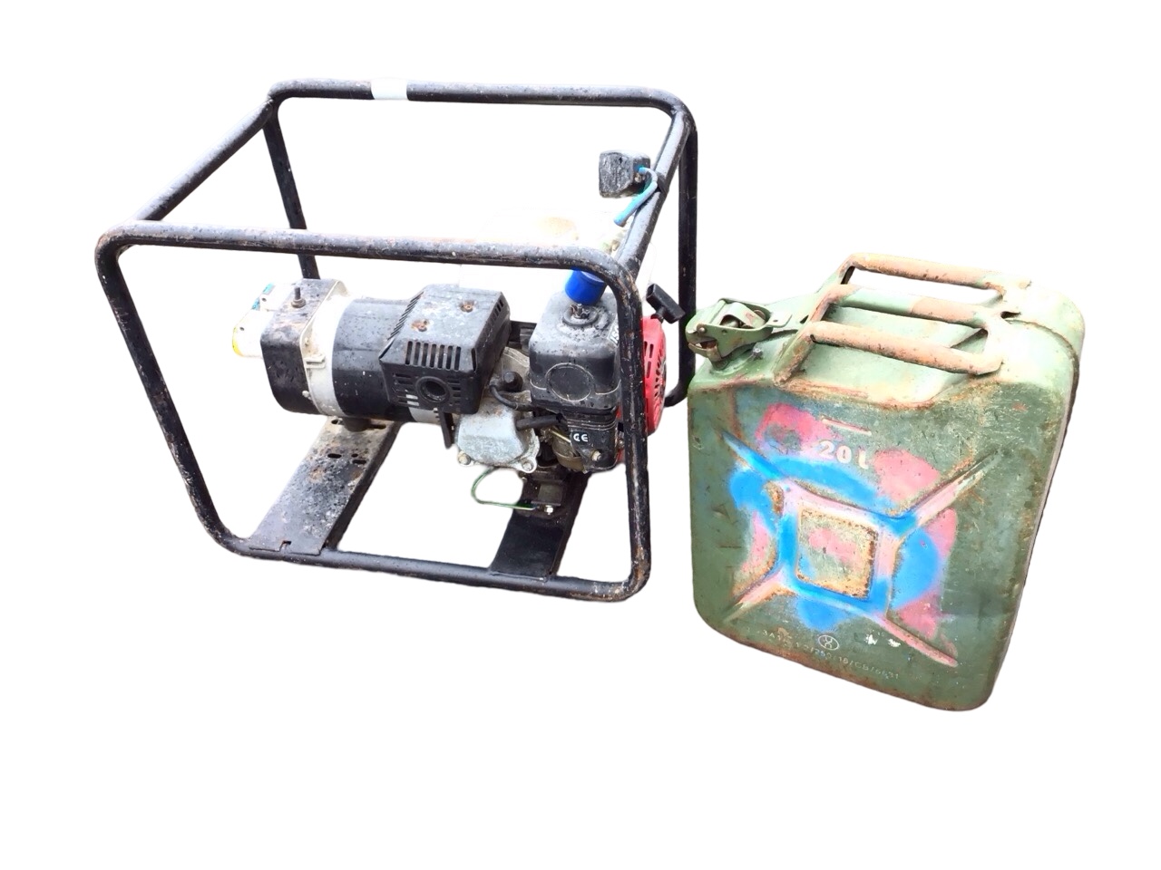 A petrol powered electric generator on tubular stand - A/F; together with a 20L jerry can. (2)