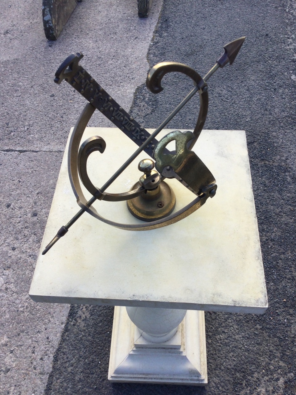A reproduction brass orrery sundial with armillary sphere on baluster shaped stone column on - Image 2 of 3