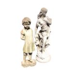 A composition stone garden statue of a modest barefooted girl stand on pebble base; and another