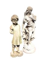 A composition stone garden statue of a modest barefooted girl stand on pebble base; and another