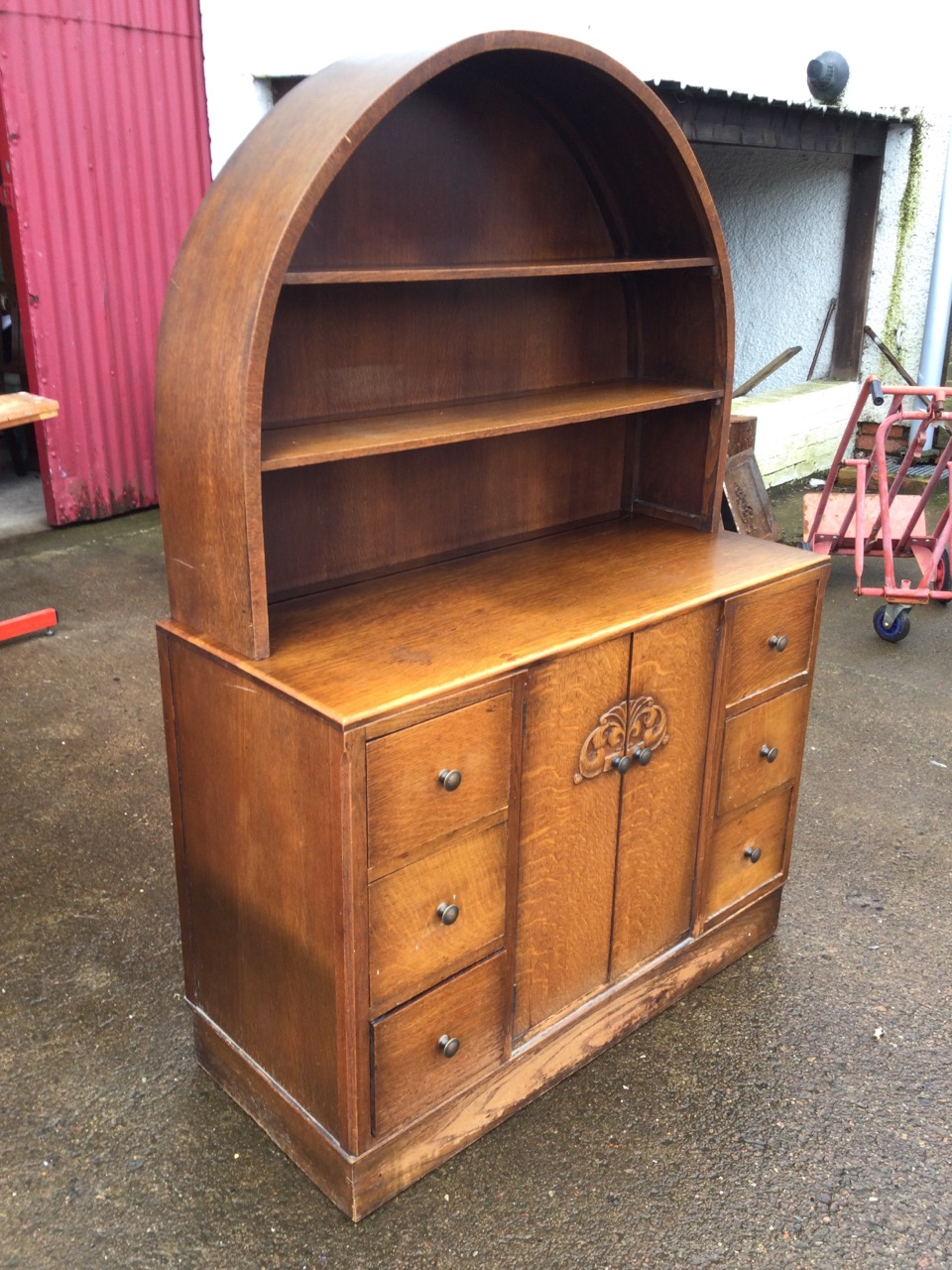 A 30s oak dresser with arched back having open shelves above a base with six small drawers framing - Image 3 of 3