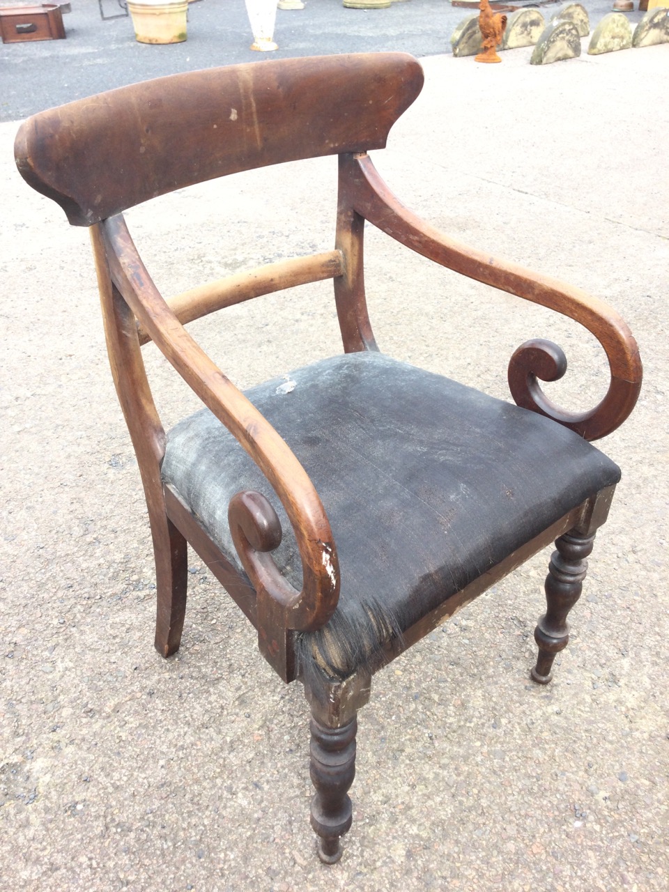 A Victorian mahogany armchair with shaped back above a plain rail having scrolled arms, with - Image 3 of 3