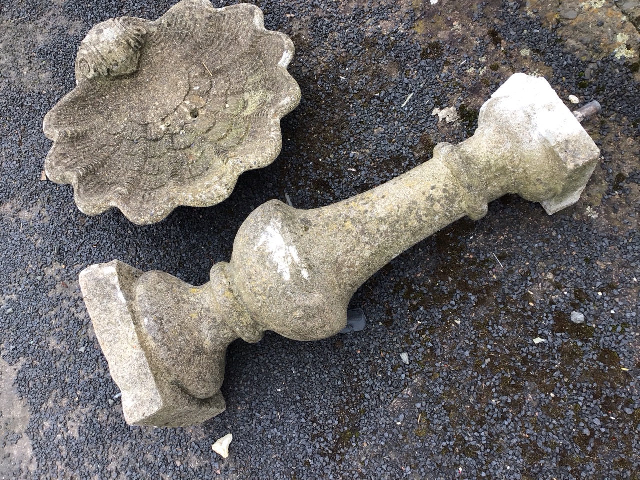 A composition stone birdbath with shell cast scalloped bowl on baluster column above square plinth - - Image 2 of 3