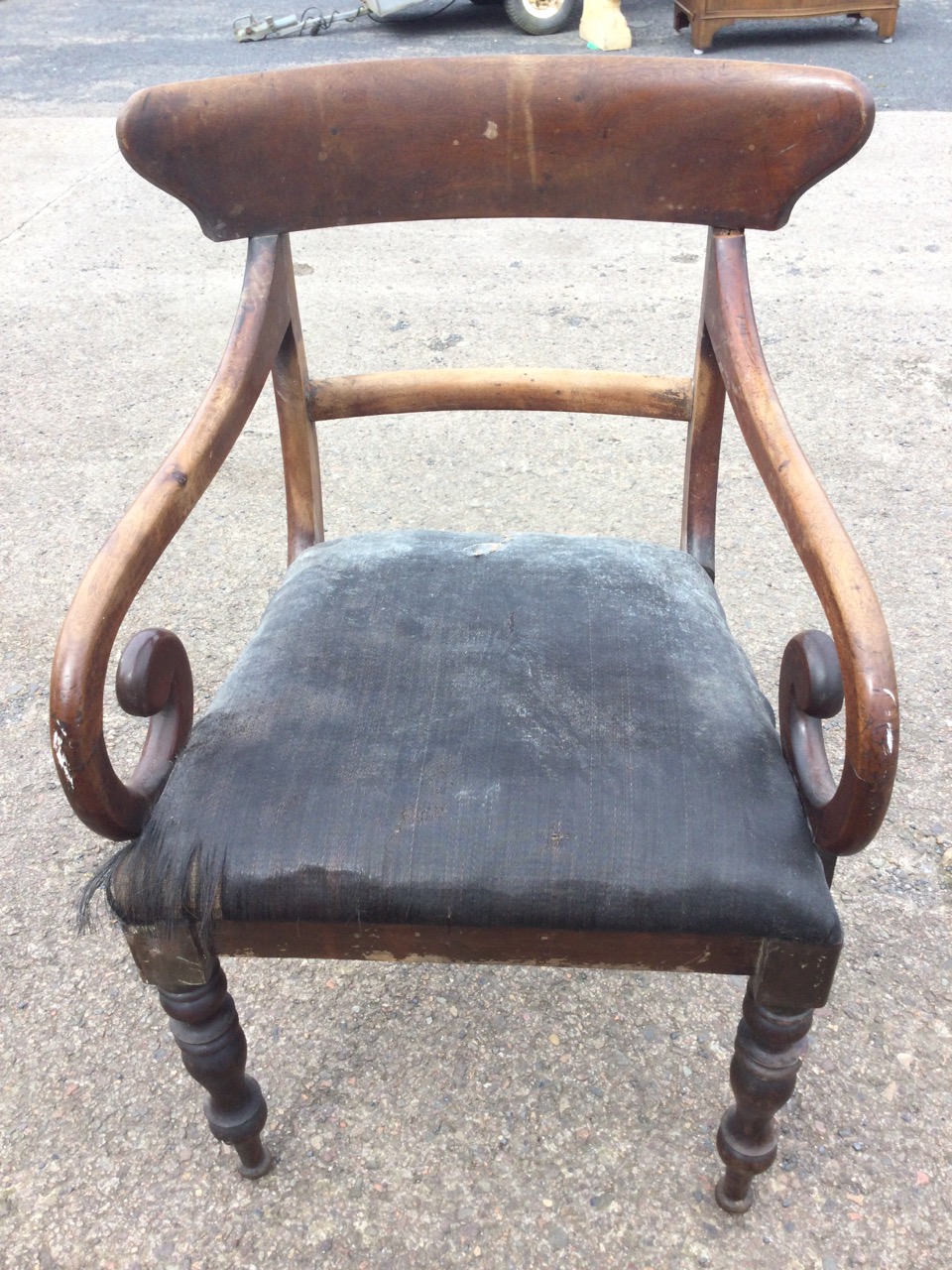 A Victorian mahogany armchair with shaped back above a plain rail having scrolled arms, with - Image 2 of 3
