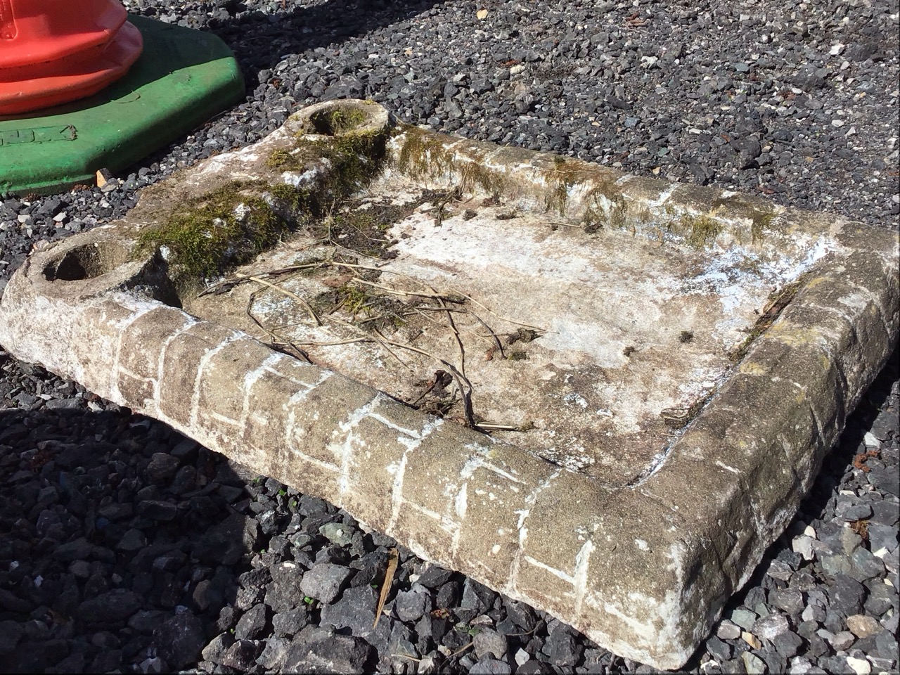 A rectangular composition stone shallow birdbath with brick moulded border; a circular low - Image 3 of 3