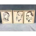 Three pen and ink portrait head studies of African people in traditional dress, monogrammed SP,